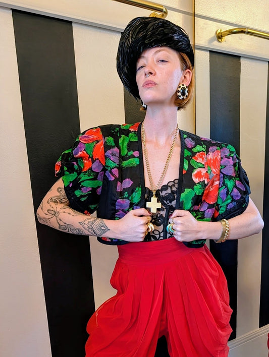Floral Cotton Bolero with Bow Sleeves