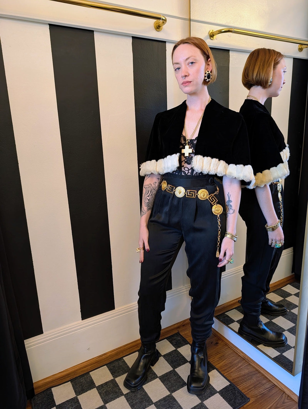 60s Black Velvet Capelet with Rabbit Fur Trim