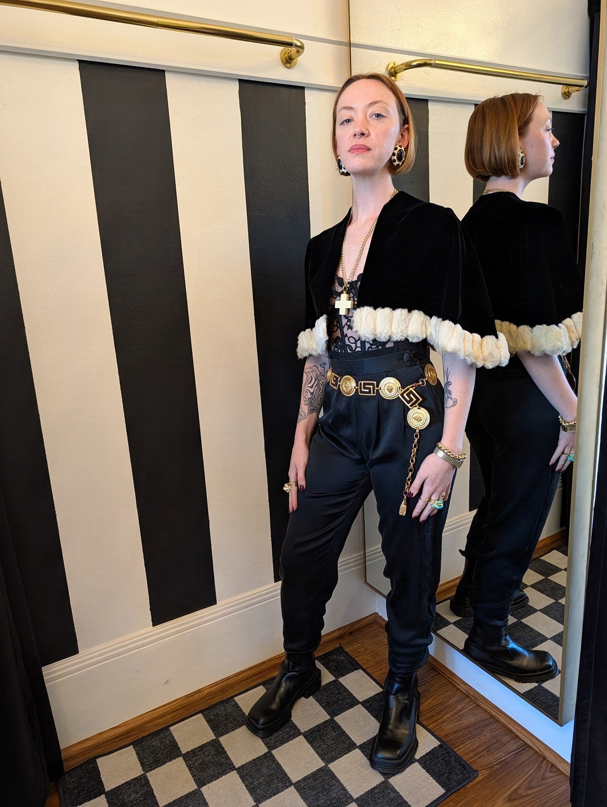 60s Black Velvet Capelet with Rabbit Fur Trim