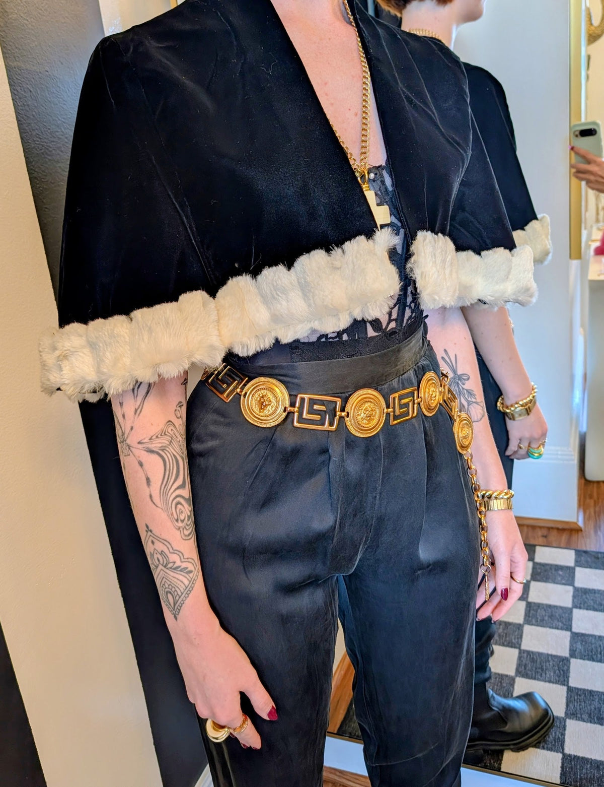 60s Black Velvet Capelet with Rabbit Fur Trim