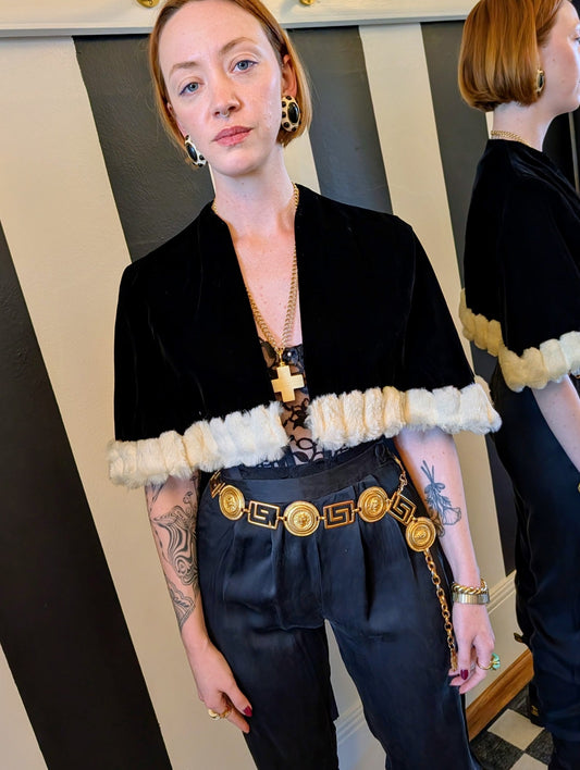 60s Black Velvet Capelet with Rabbit Fur Trim