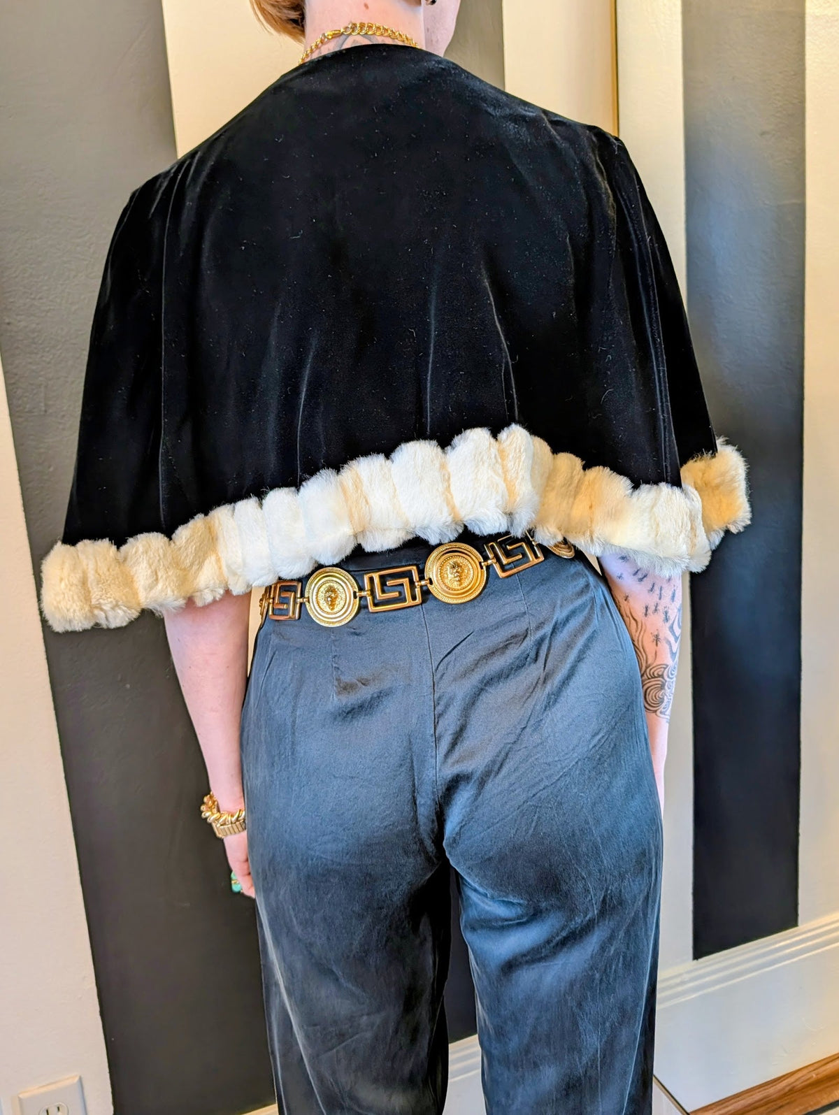 60s Black Velvet Capelet with Rabbit Fur Trim