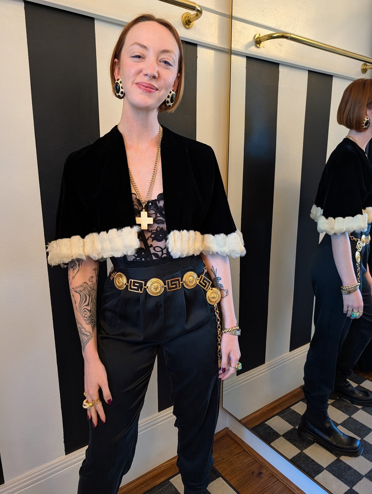 60s Black Velvet Capelet with Rabbit Fur Trim