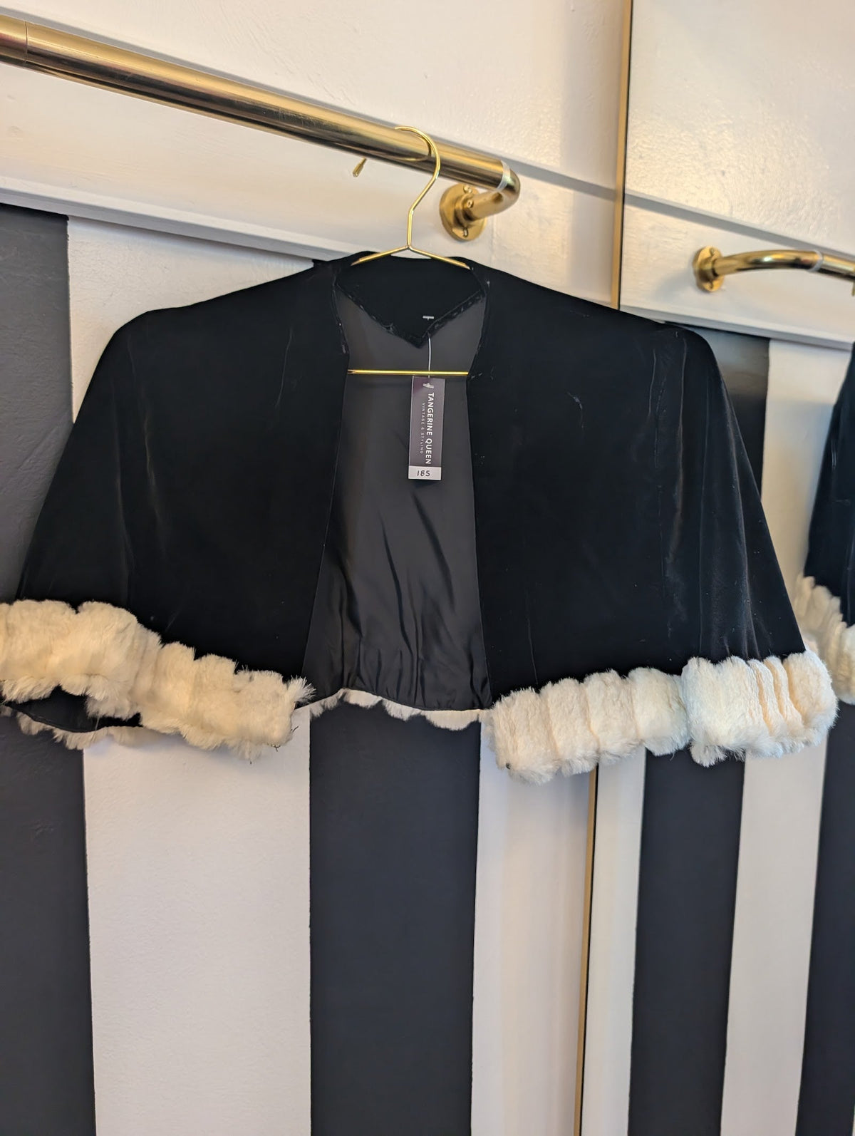 60s Black Velvet Capelet with Rabbit Fur Trim
