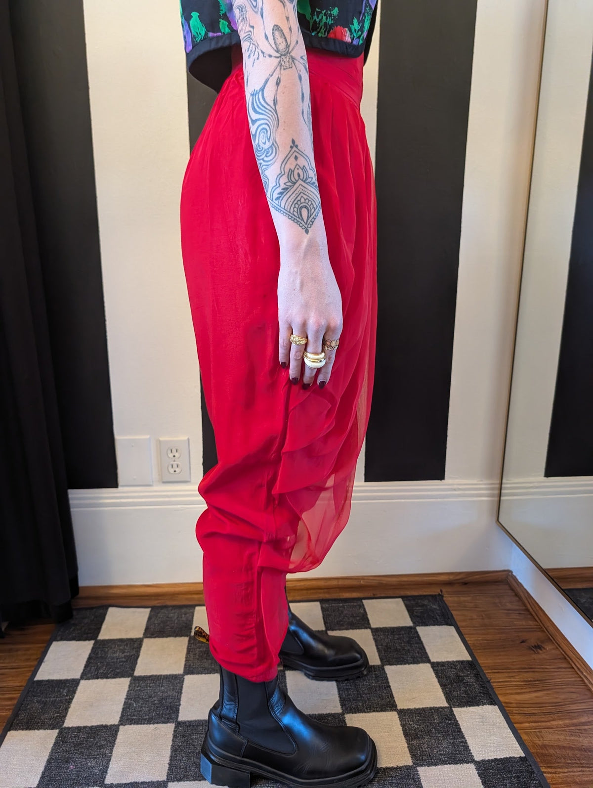 80s Red Rayon and Chiffon Harem pants