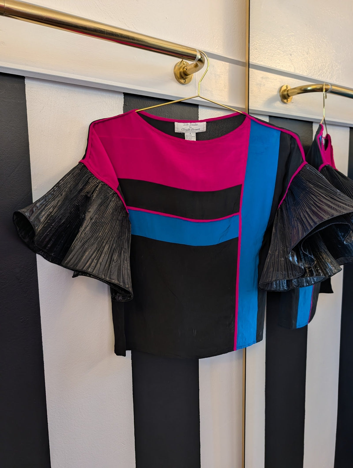 Reworked Pink and Blue Color Block Ruffle Top