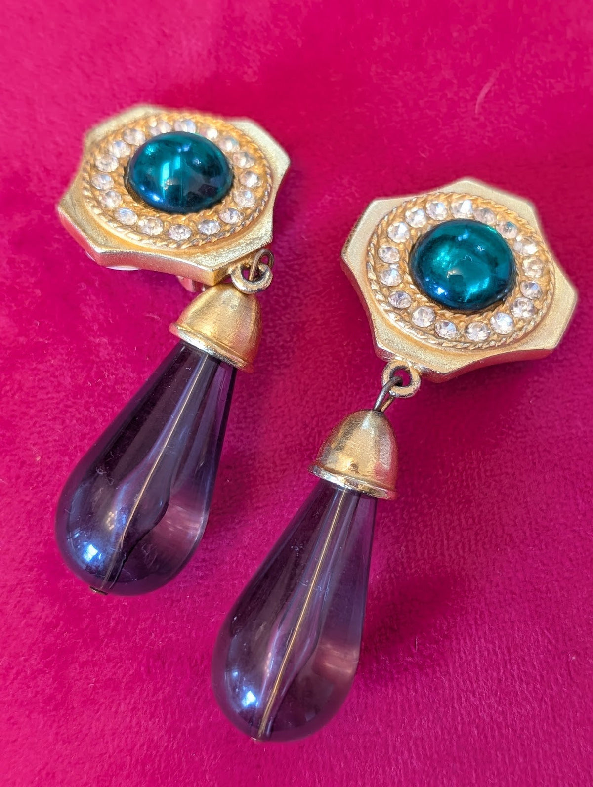 Green Gemstone Dangle Drop Earrings with Rhinestones