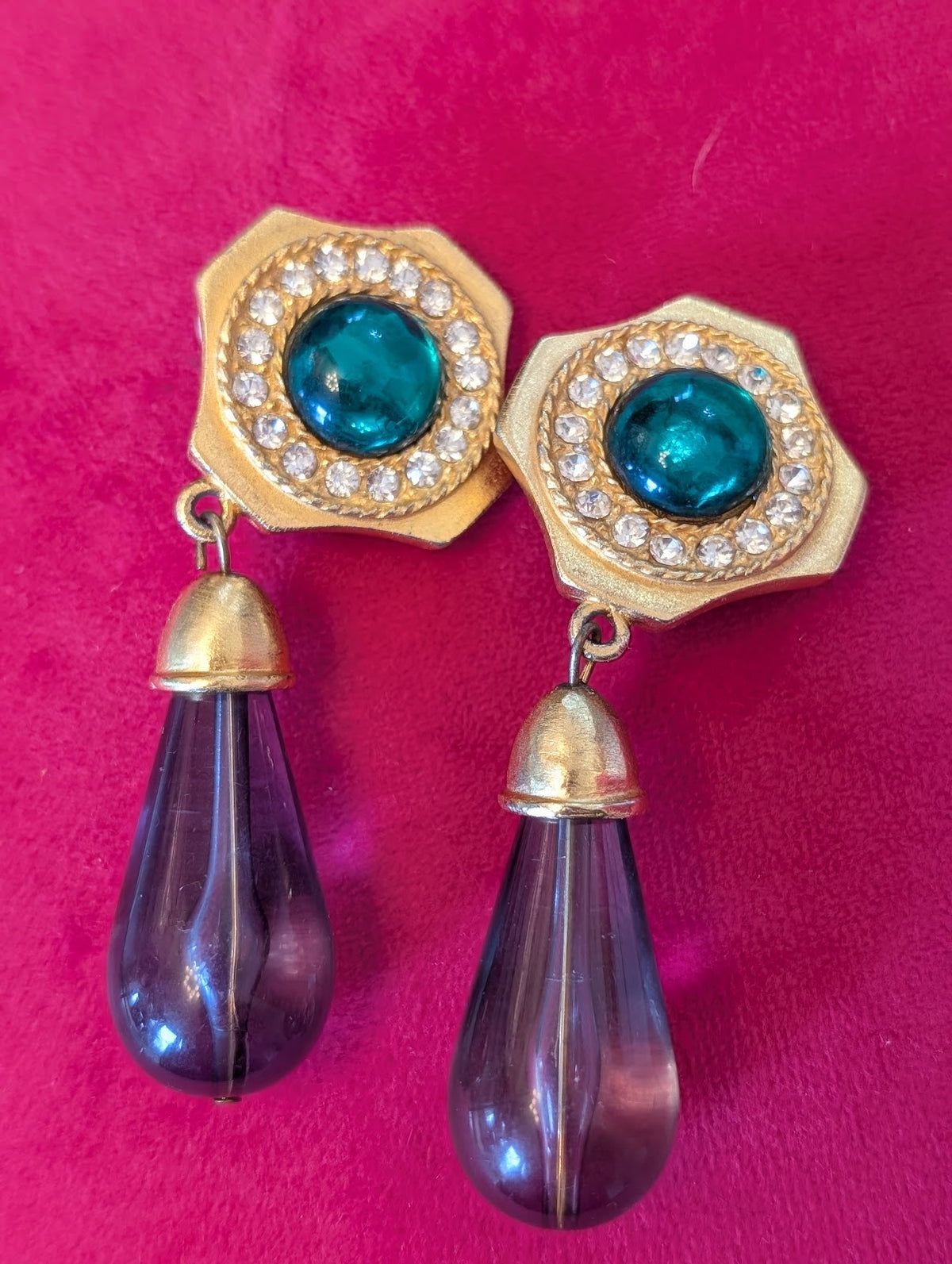 Green Gemstone Dangle Drop Earrings with Rhinestones