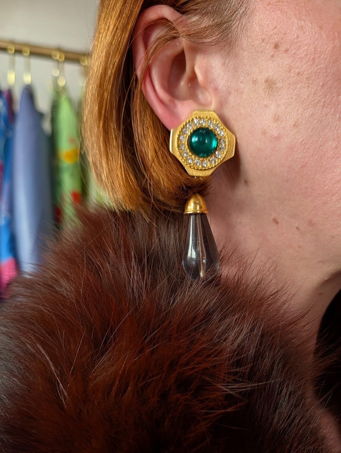 Green Gemstone Dangle Drop Earrings with Rhinestones