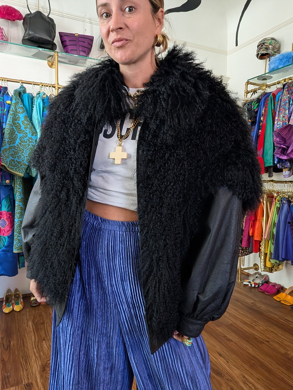 90s Mongolian Lamb Fur Jacket with Zip-Off Leather Sleeves