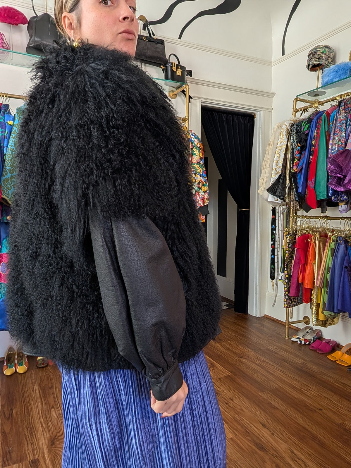 90s Mongolian Lamb Fur Jacket with Zip-Off Leather Sleeves