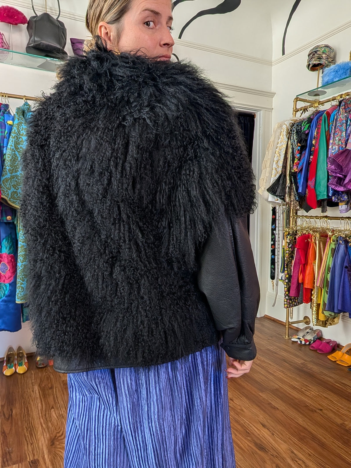 90s Mongolian Lamb Fur Jacket with Zip-Off Leather Sleeves