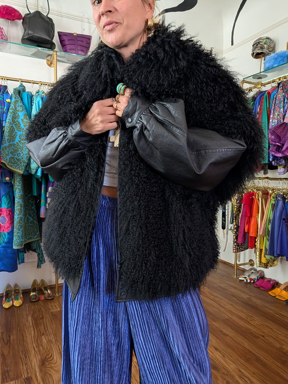 90s Mongolian Lamb Fur Jacket with Zip-Off Leather Sleeves