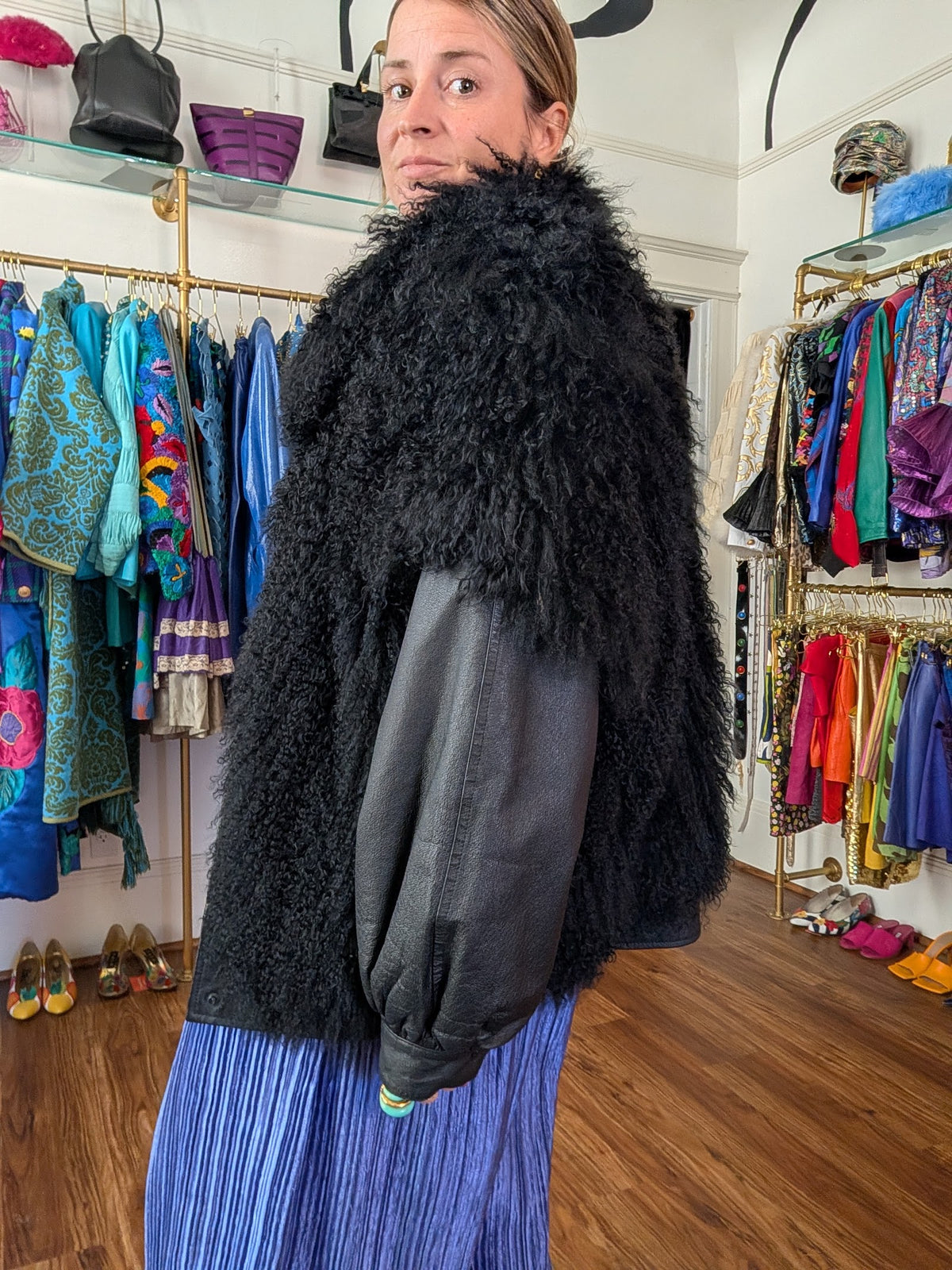 90s Mongolian Lamb Fur Jacket with Zip-Off Leather Sleeves