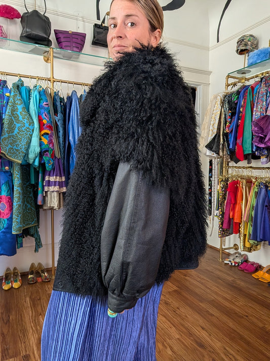 90s Mongolian Lamb Fur Jacket with Zip-Off Leather Sleeves