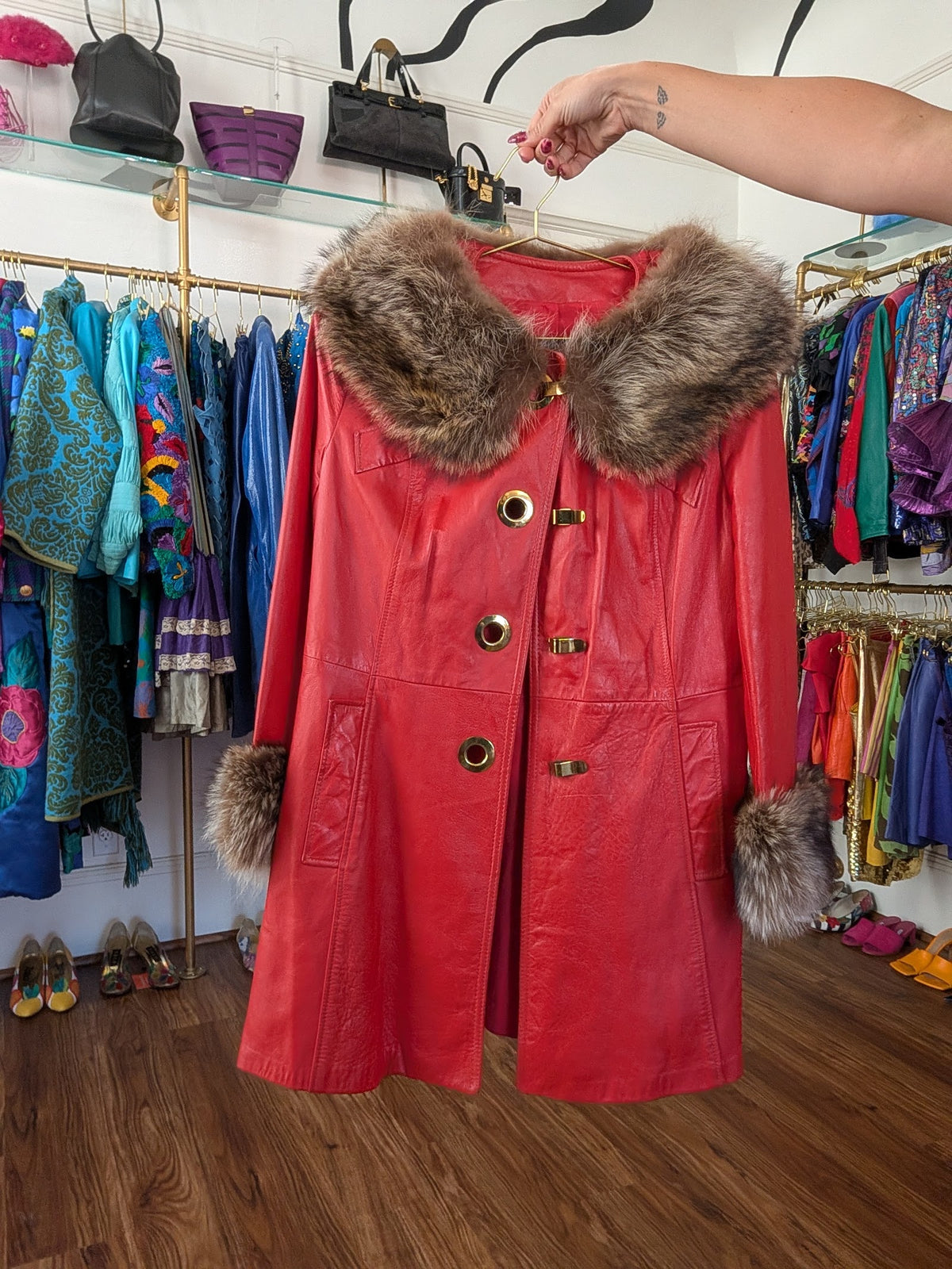 70s Red Leather Swing Coat with Raccoon Fur Trim
