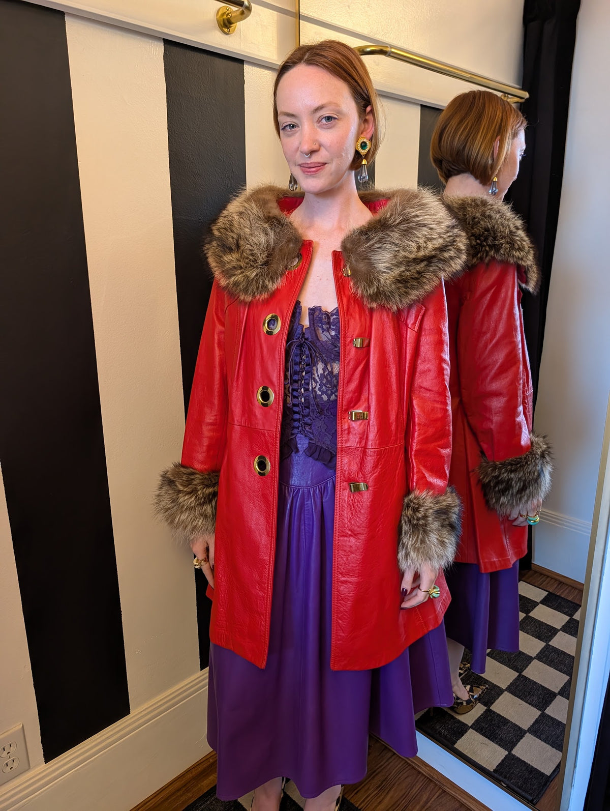 70s Red Leather Swing Coat with Raccoon Fur Trim