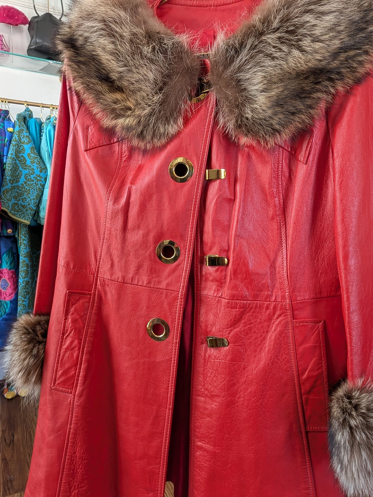 70s Red Leather Swing Coat with Raccoon Fur Trim