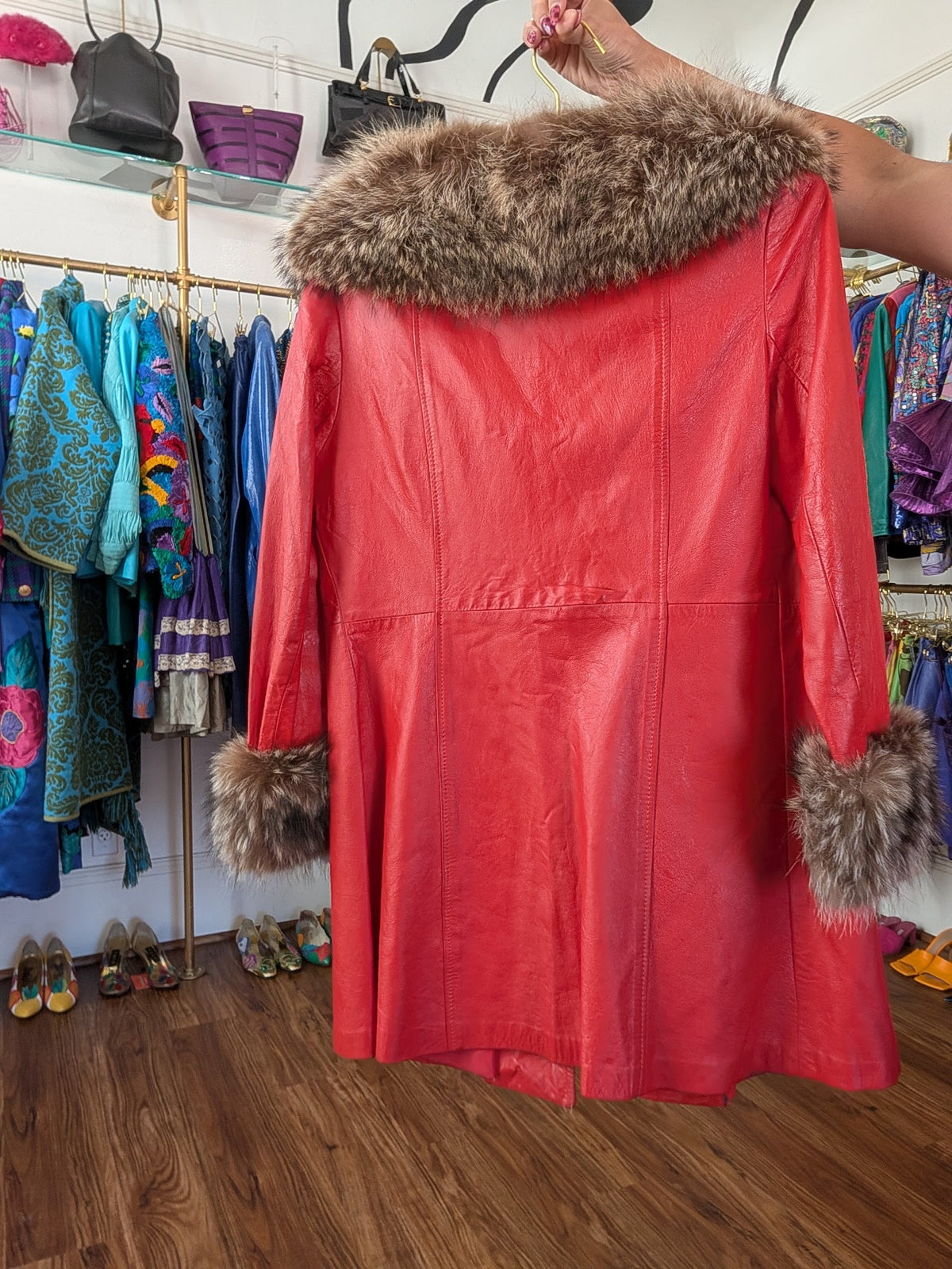 70s Red Leather Swing Coat with Raccoon Fur Trim