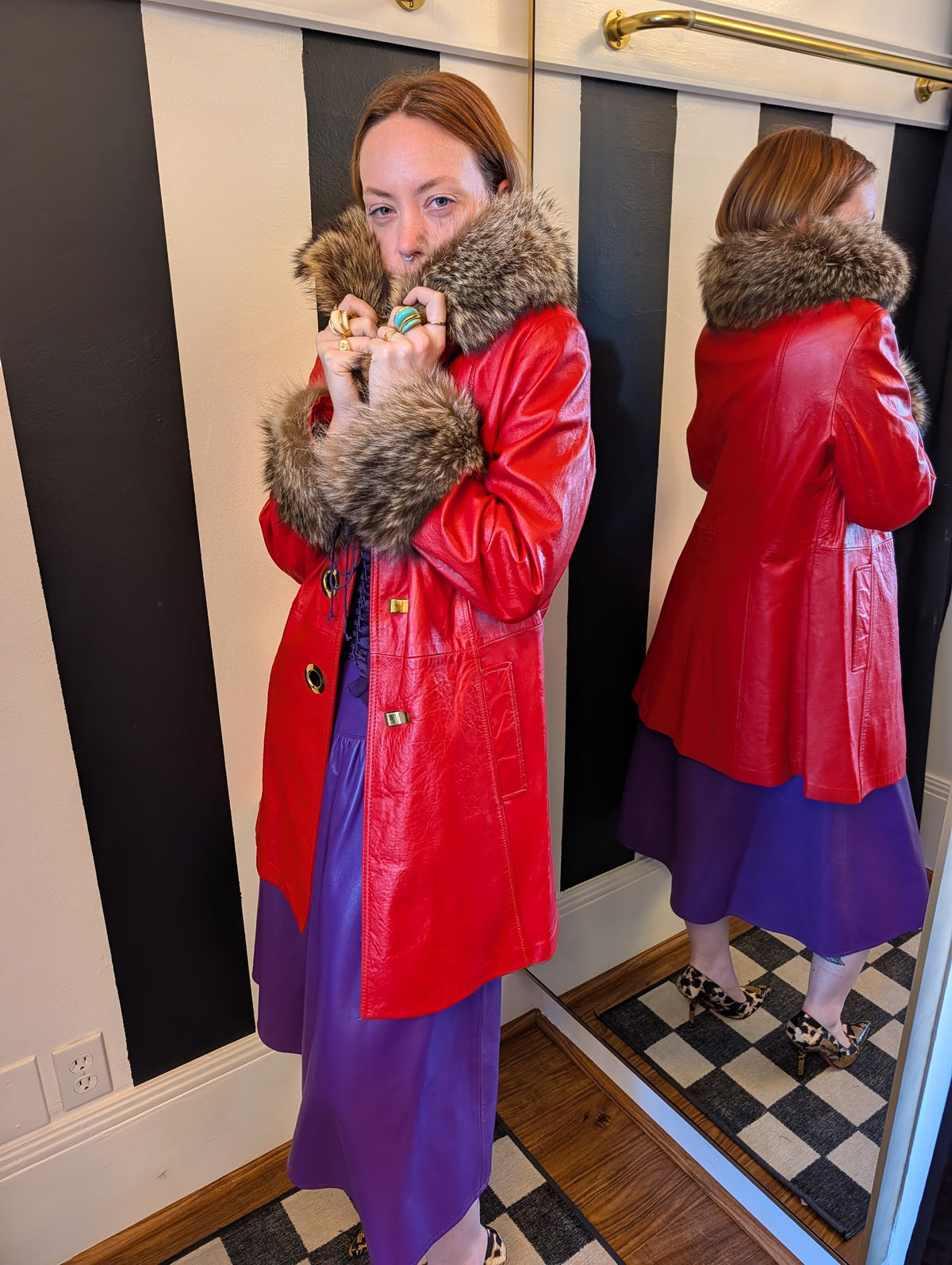 70s Red Leather Swing Coat with Raccoon Fur Trim