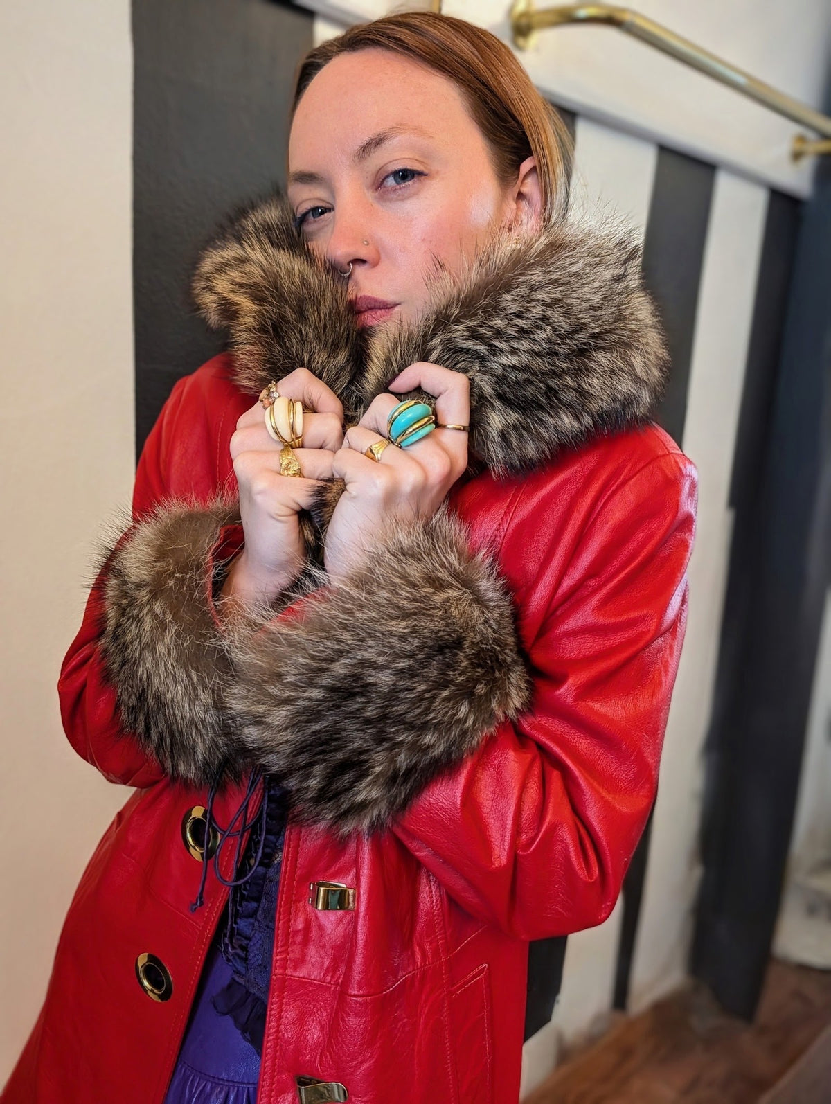 70s Red Leather Swing Coat with Raccoon Fur Trim