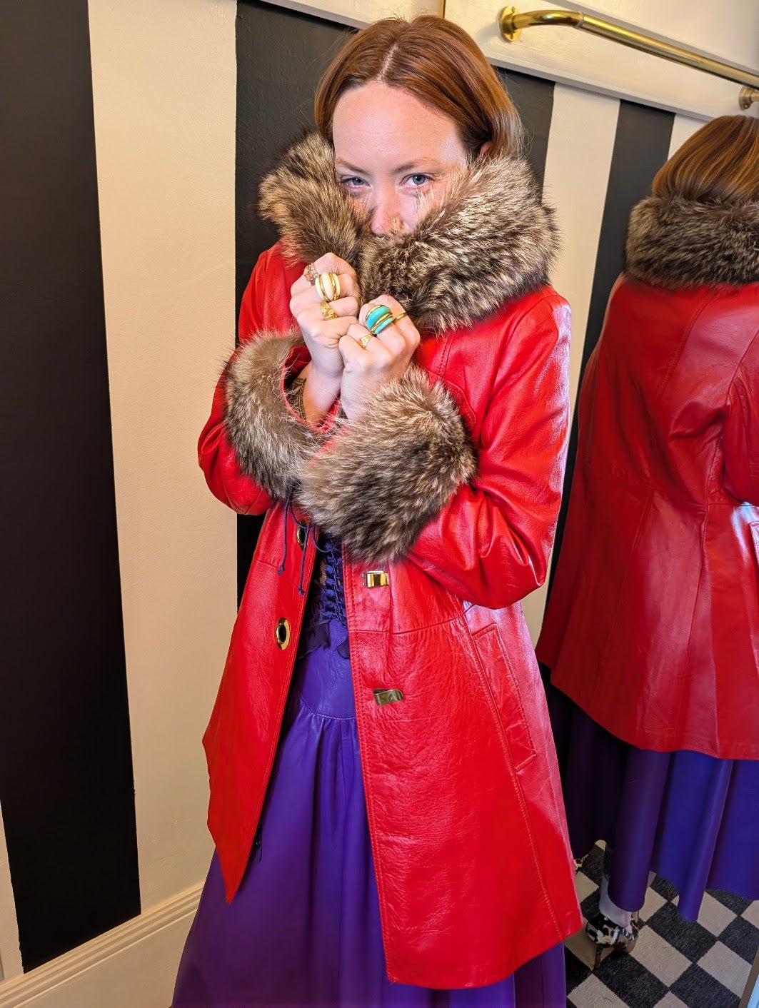 70s Red Leather Swing Coat with Raccoon Fur Trim