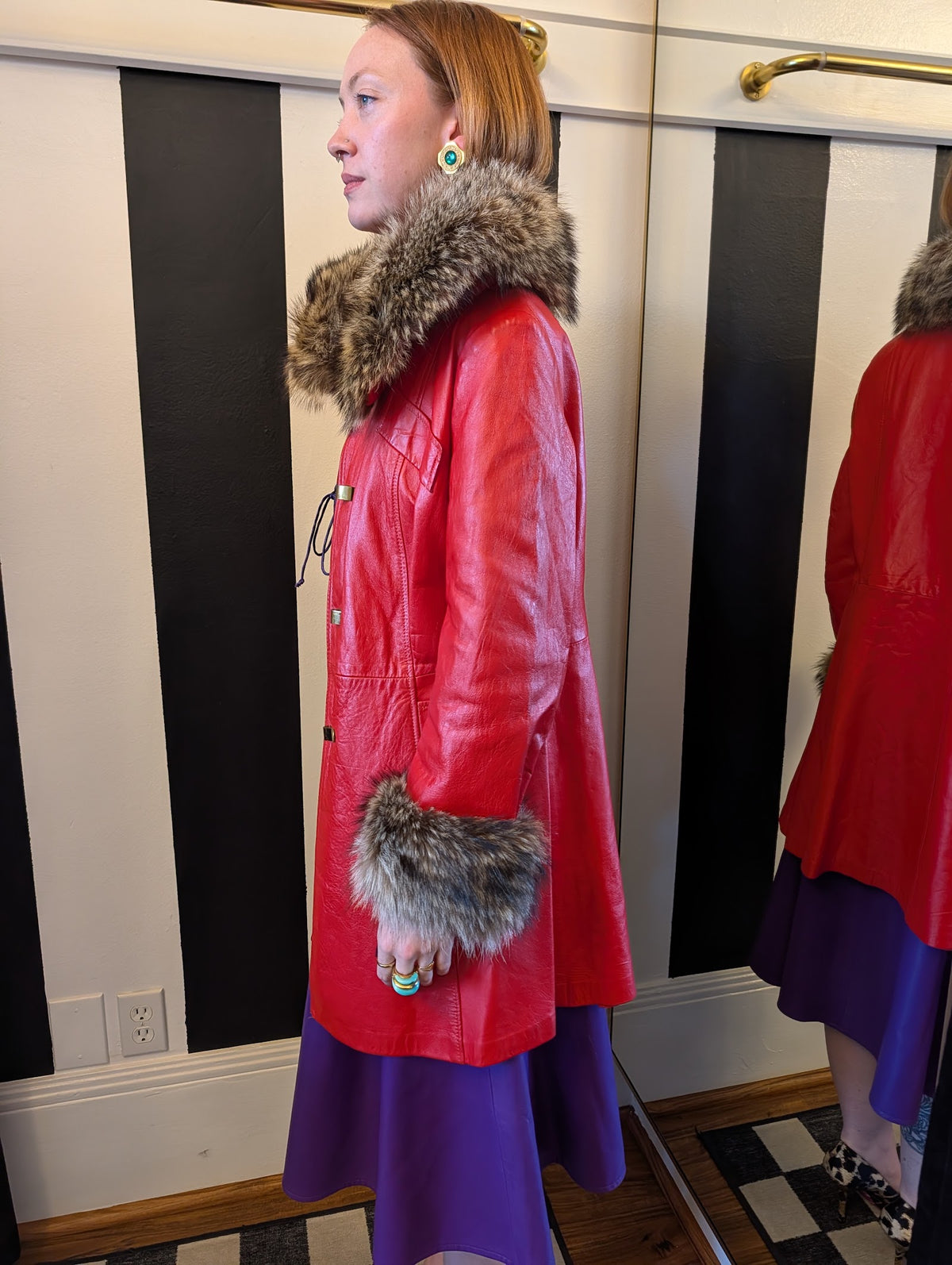70s Red Leather Swing Coat with Raccoon Fur Trim