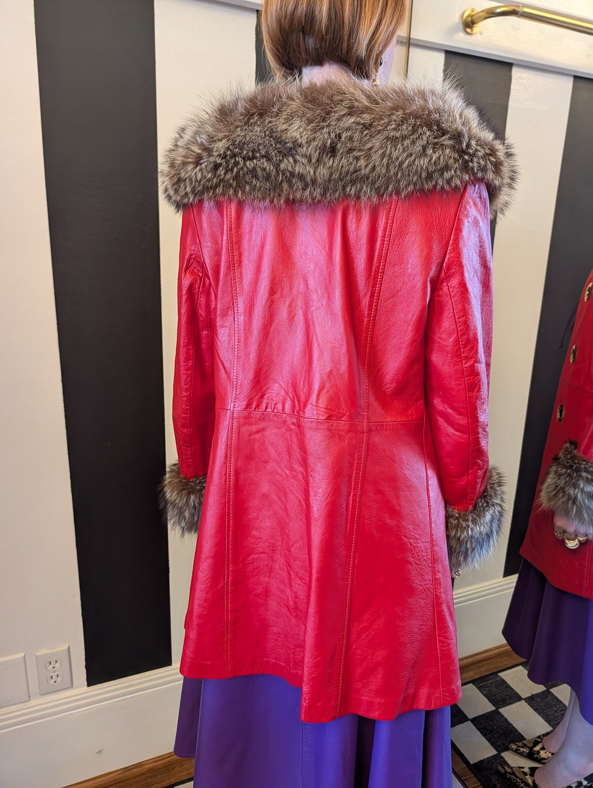 70s Red Leather Swing Coat with Raccoon Fur Trim