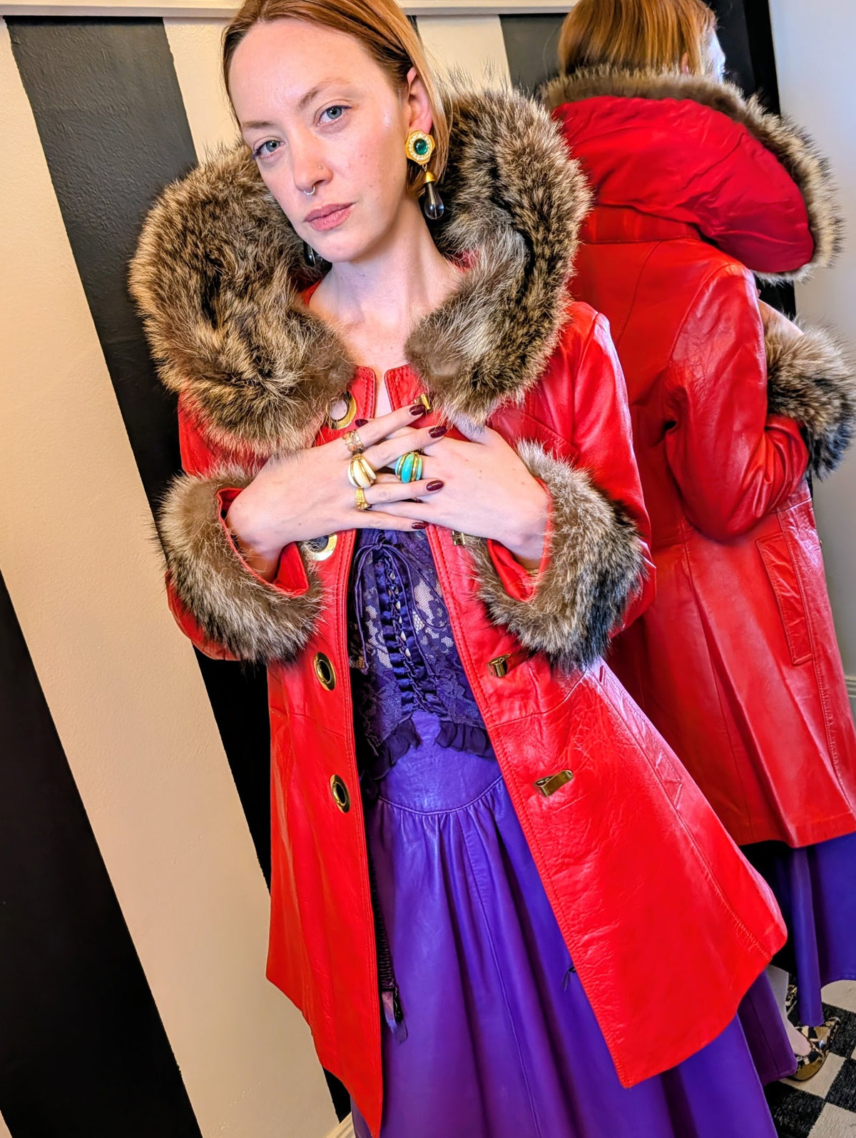 70s Red Leather Swing Coat with Raccoon Fur Trim