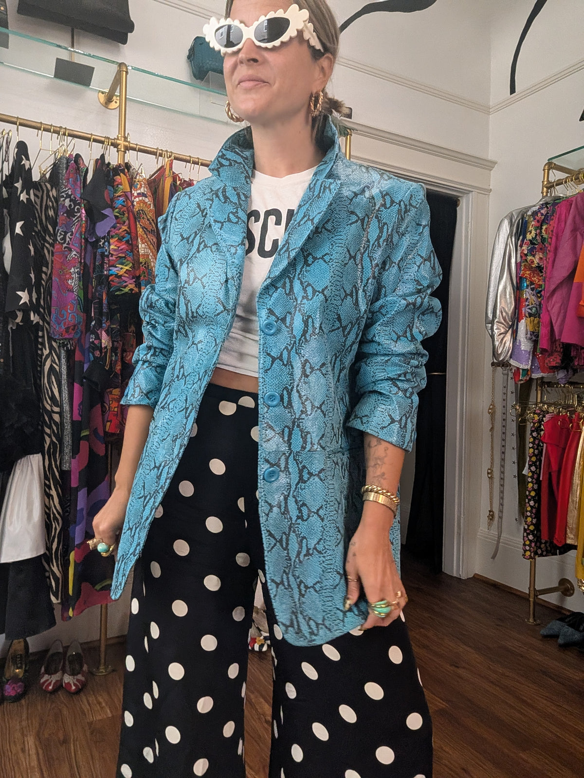 90s Blue Python Print Leather Blazer