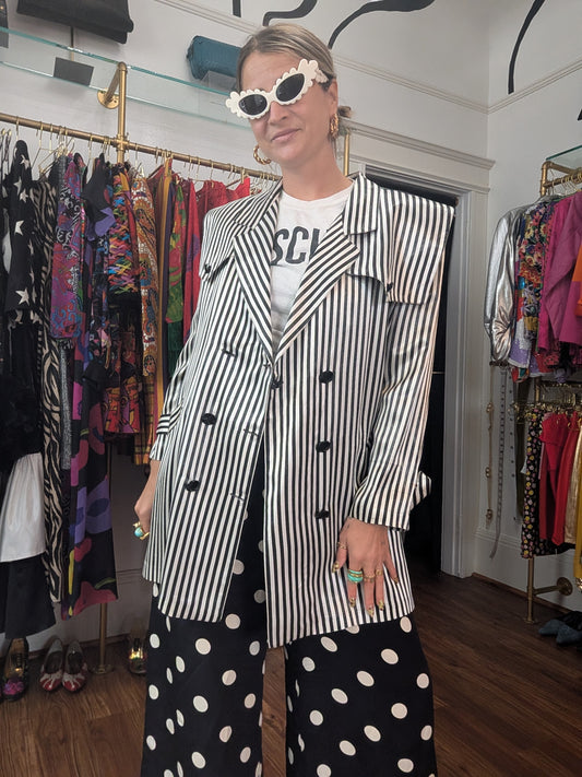 90s Black & White Striped Tie-Waist Trench