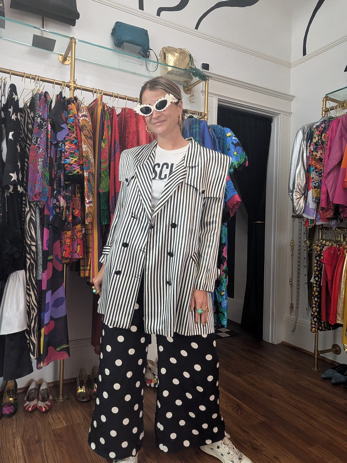 90s Black & White Striped Tie-Waist Trench