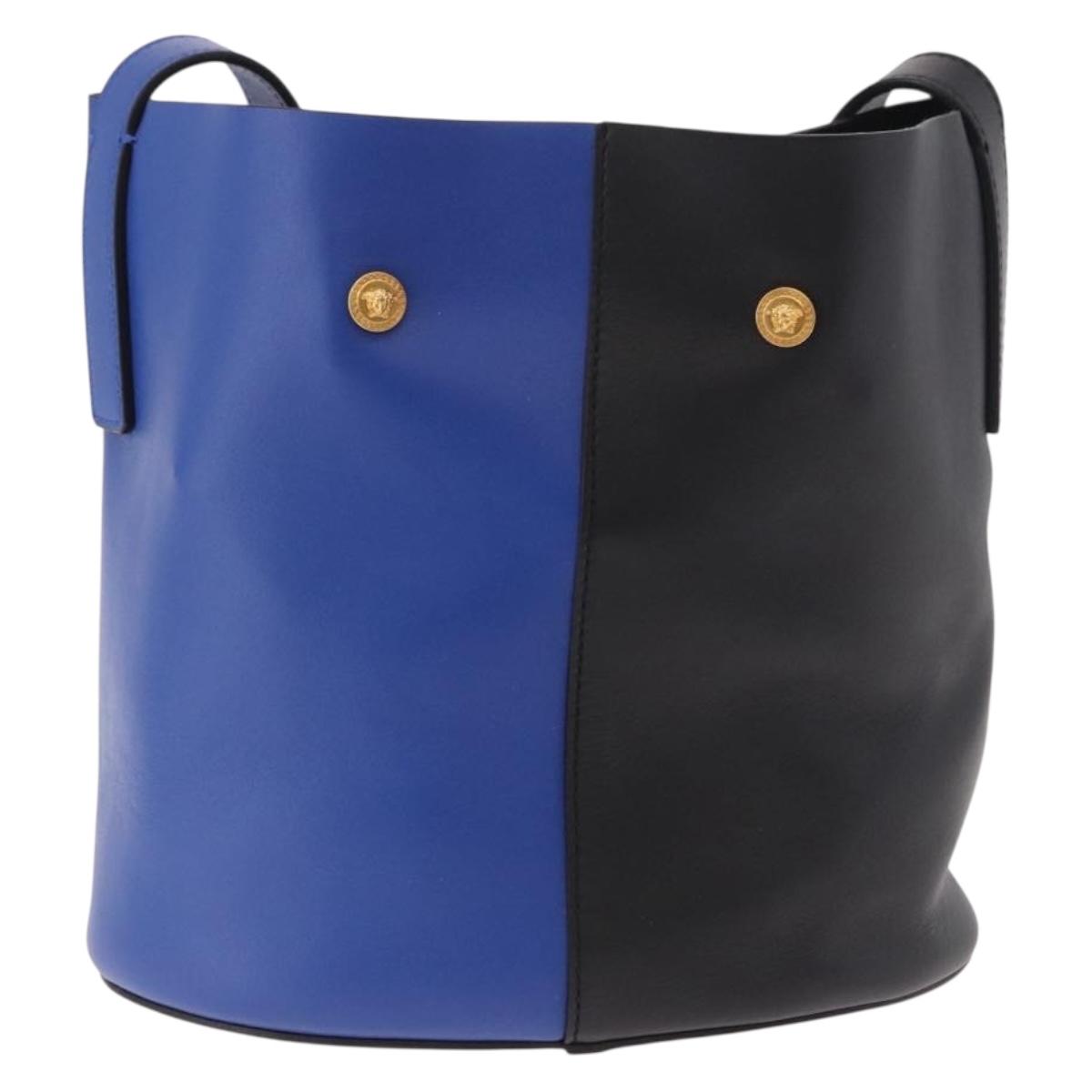 Versace Blue and Black Leather Colorblock Bucket Bag