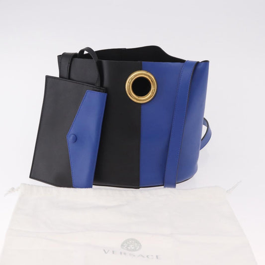 Versace Blue and Black Leather Colorblock Bucket Bag