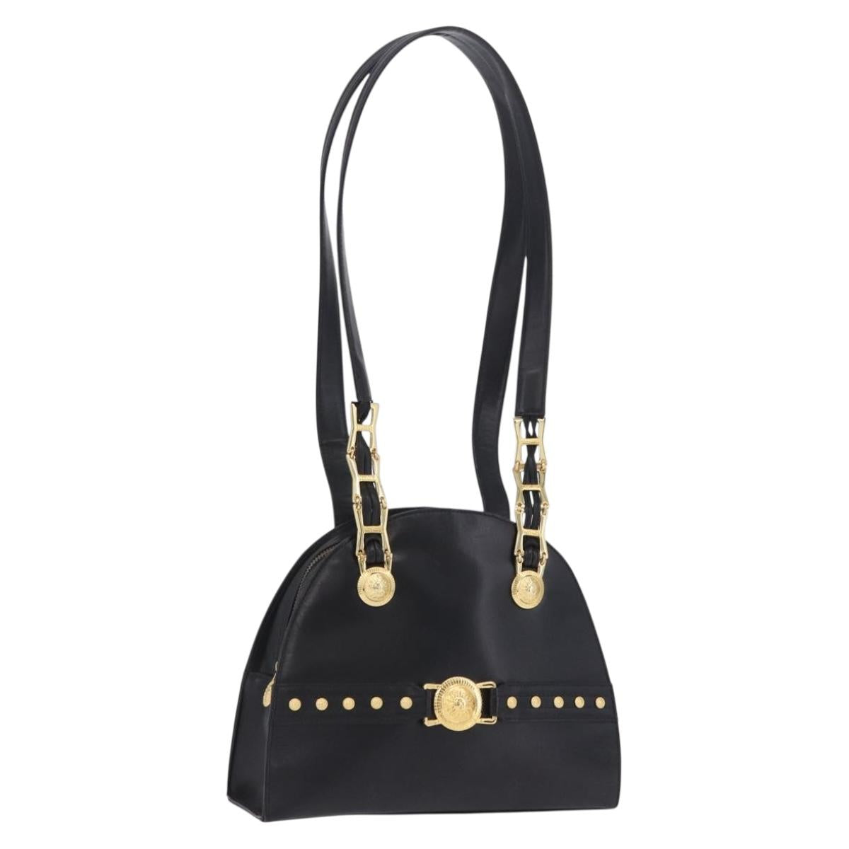 Vintage 90s Gianni Versace Black Leather Medusa Sunburst Tote