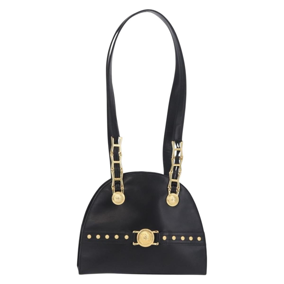 Vintage 90s Gianni Versace Black Leather Medusa Sunburst Tote