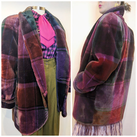 80s Donny Brooks Burgundy Plaid Faux Fur Coat